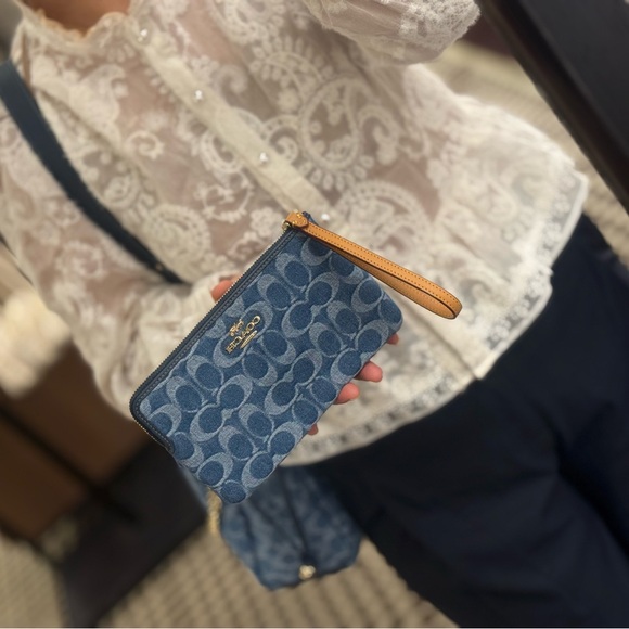 Coach Denim Blue Wristlet with Tan Leather Strap - Picture 6 of 6